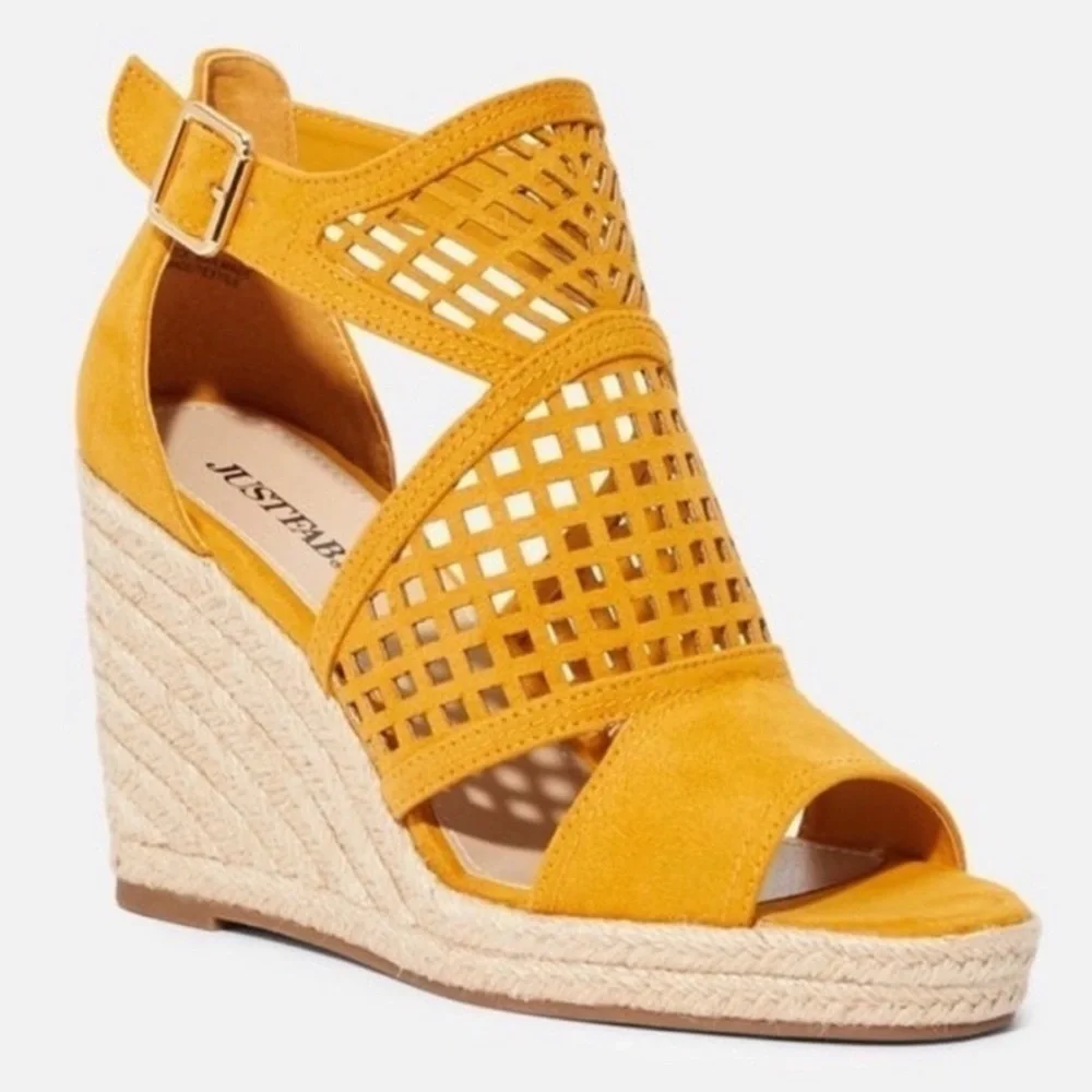 JustFab Mabel Yellow Espadrille Wedge Sandals Size 6.5 Platform Ankle Strap
